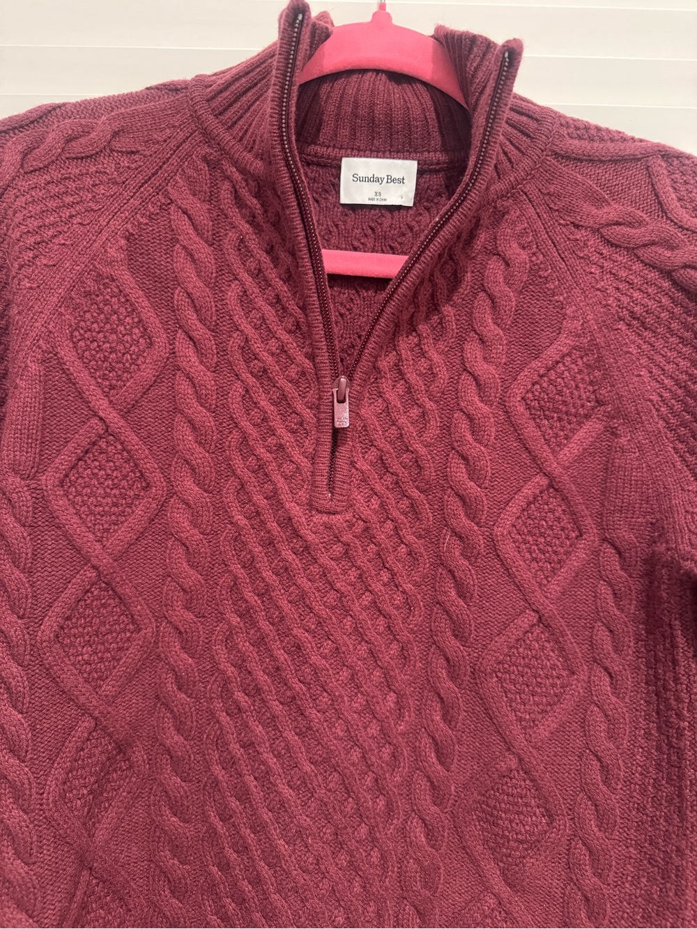 Aritzia-Sunday Best Burgundy Cable-Knit Half-Zip Turtleneck Sweater - Picture 4 of 5